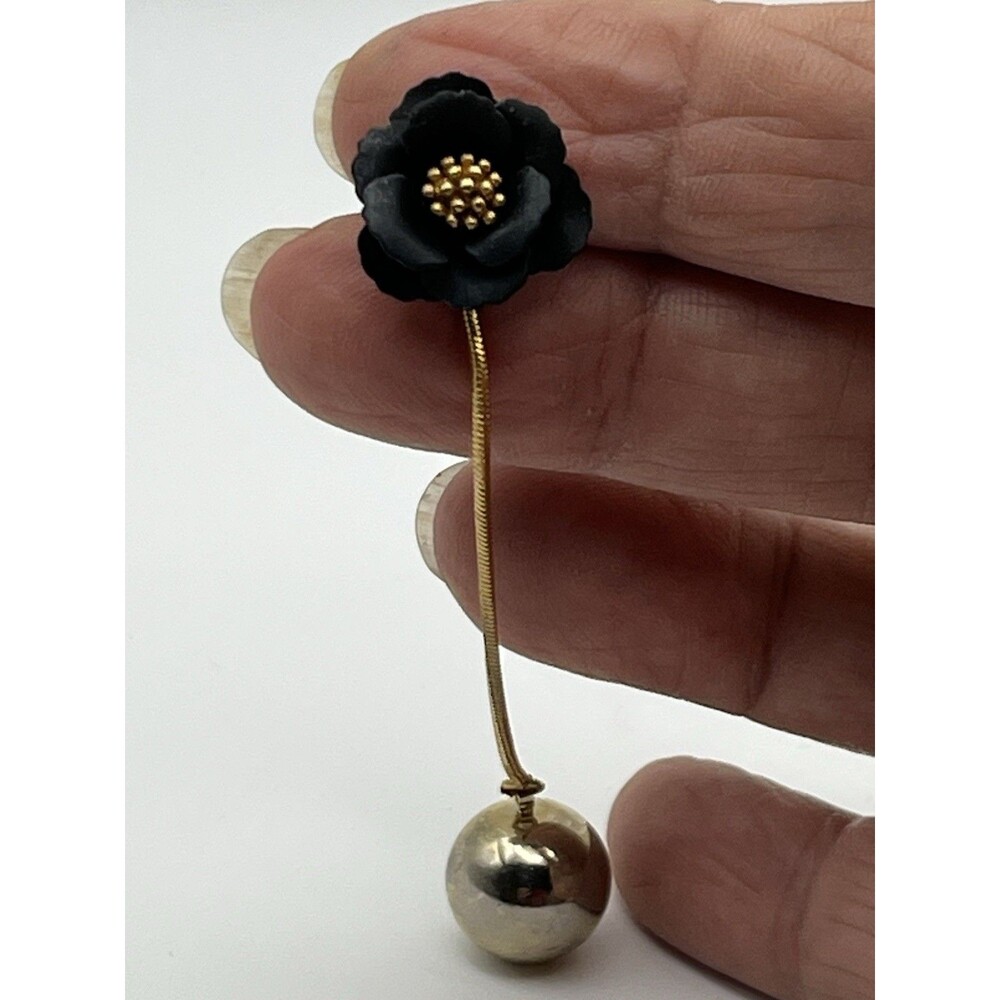 Dangle Earrings Art Deco Style Featuring Black Flower Accent & Drop 2 3/4"
